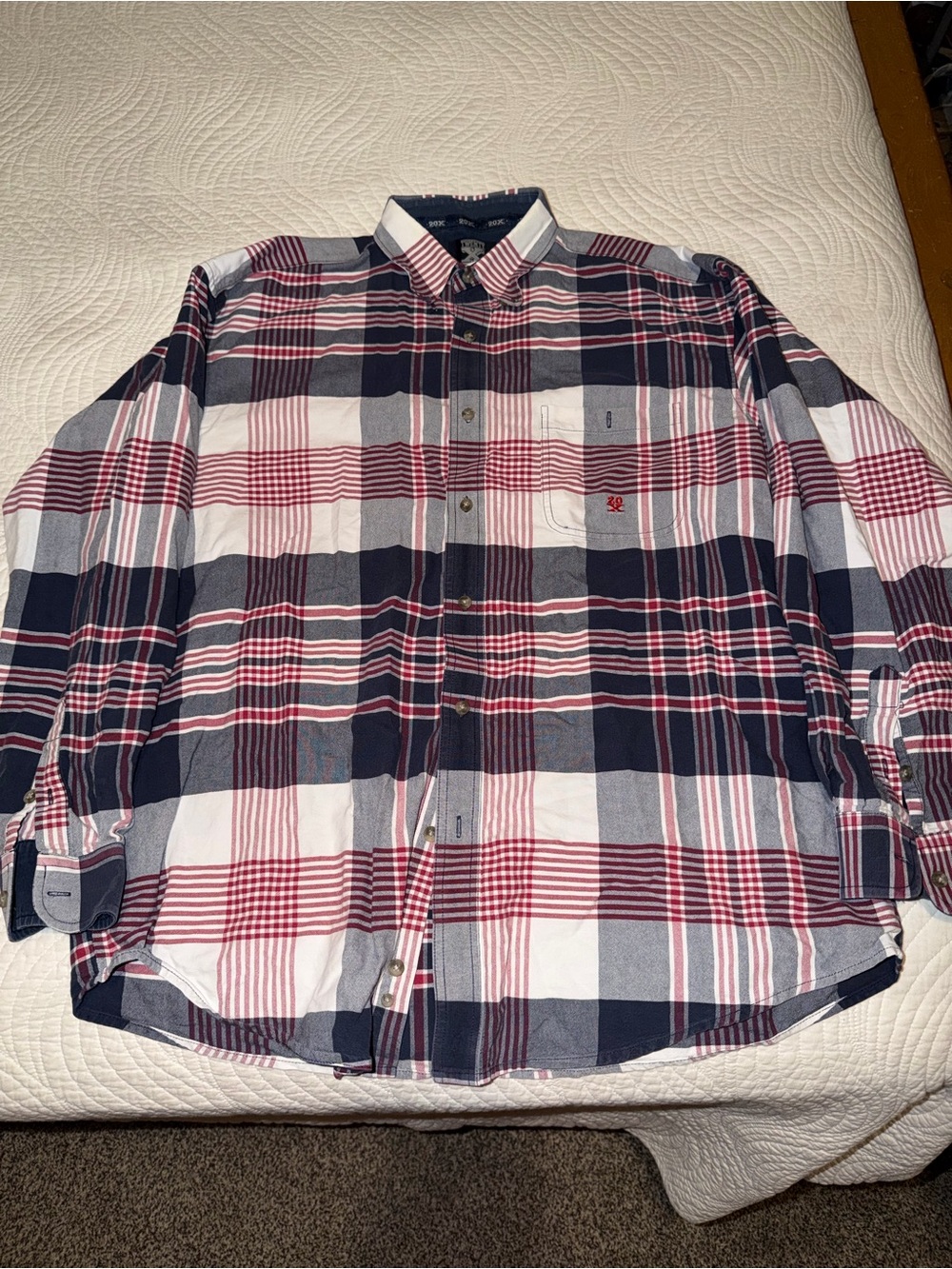 Wrangler Men’s Plaid Button-Down Shirt - Navy, White & Red